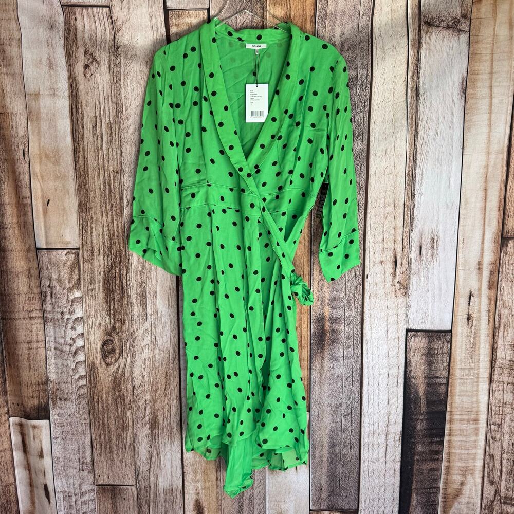 Ganni Dress Dainty Georgette Wrap Polka Dot Classic Green Size 42 Versatile